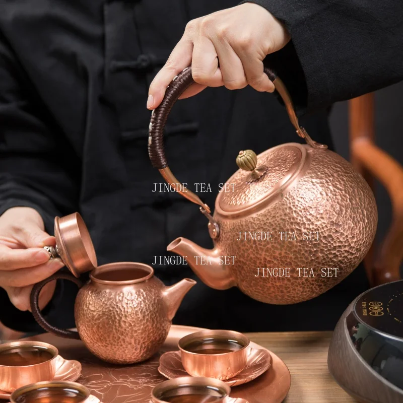 Vintage Hammered Copper Teapot with Anti Scalding Rope Handle Traditional Chinese Kung Fu Water Kettle for Tea Lovers Gift