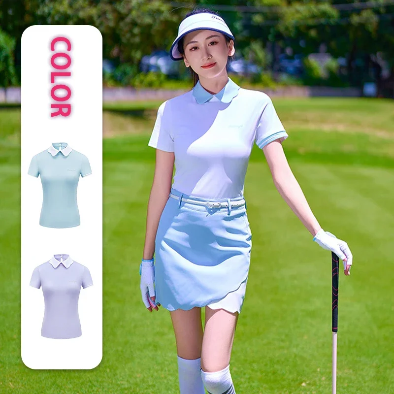 Ttygj Women Turn-Down Collar Golf Tops Ladies Korean Golf Training T Shirts Short-Sleeved Polo Shirts Ruffle Quick-dry Golf Wear