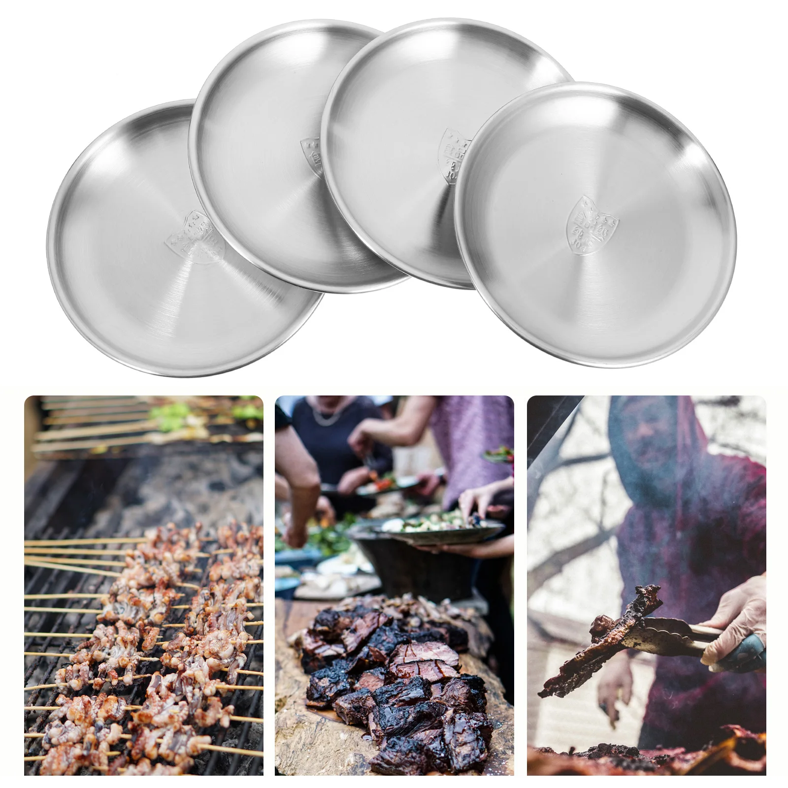 

4pcs 14cm Stainless Steel Plate Round Dessert Dish Kitchenware Roast Meat Tray Outdoor Camping BBQ Snack Salad Food Container