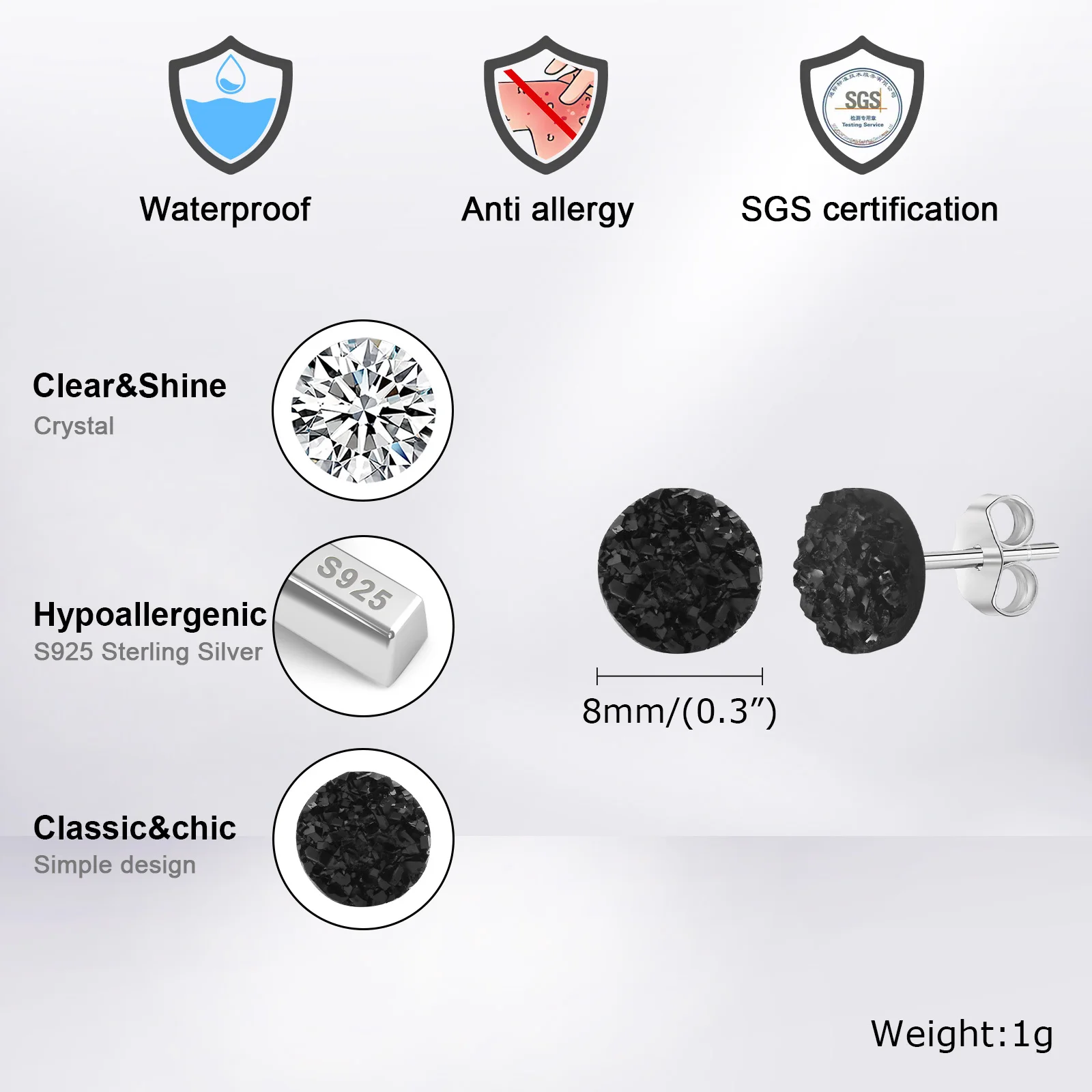 S925 Needle Crystal Cluster Earrings for Men Boys, Simple Rock Punk Hiphop Black Round Stud Earrings 6/8/10mm,Male Jewelry Gifts