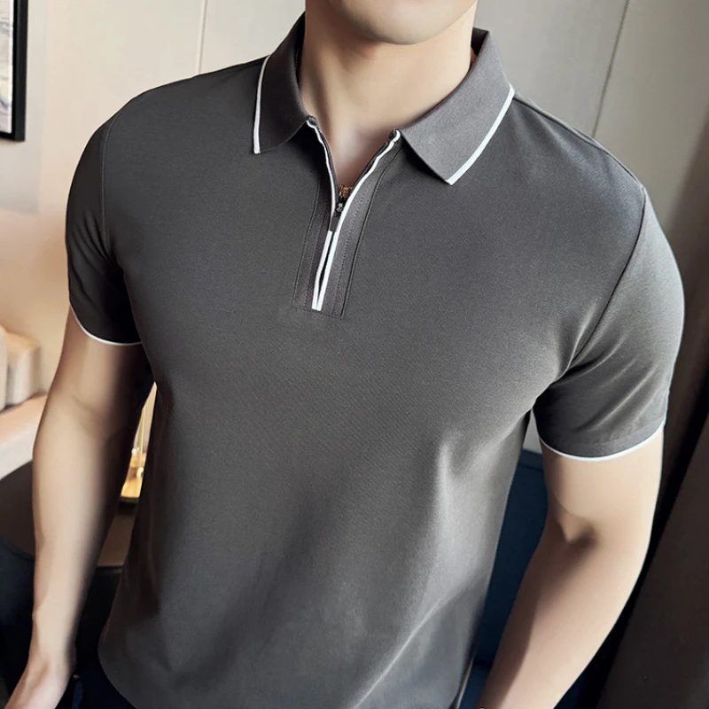 Summer Fashion Color Blocking Half Zip Polo Shirt for Men Short Sleeved Lapel T-shirt Casual Business Polo Tee Tops White Black