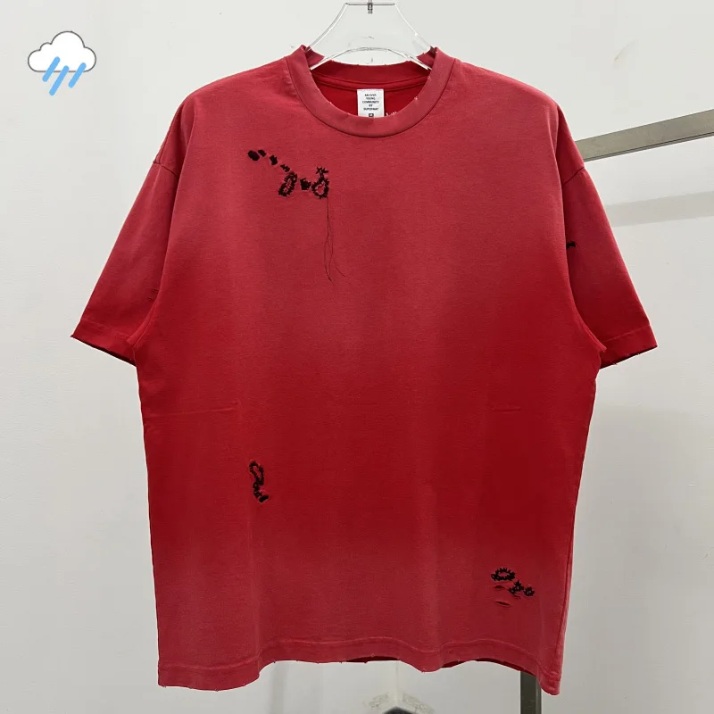 Men Women Hip Hop Oversized Vintage Washed Red Black T Shirt Heavy Fabric Cotton Broken Damage T-Shirt Tee Tops