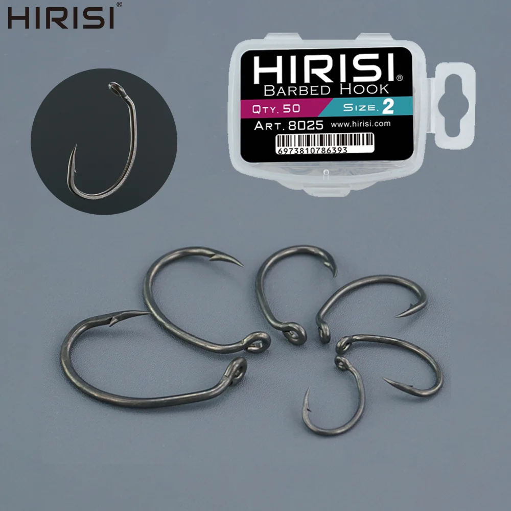 Hirisi 50Pcs PTFE Coated High Carbon Stainless Steel Barbed Fishing Hooks With Eye for Carp Fishing Accessorie 8025