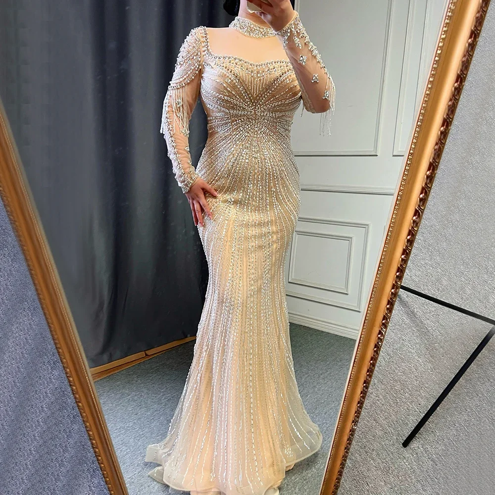 SERENE HILL Customized Nude Muslim Mermaid Elegant Evening Dress Gown 2025 Beaded Tassel Luxury Women Party CLA71533