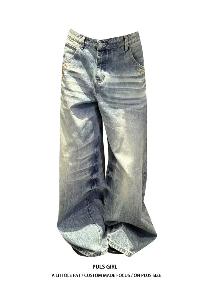 

Retro American Large Size Women's Jeans Embroidery Loose Wide Leg Long Pants High Waist Washed Effect Casual Summer