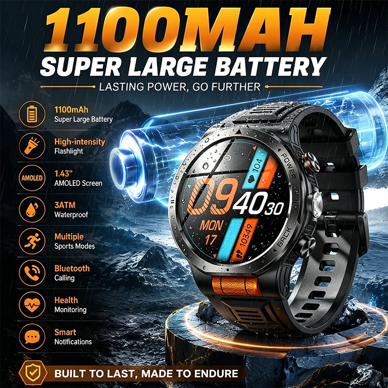 

Outdoor Smart Watch 1100mAh Large Battery Light 3ATM Waterproof 100sports Modes 1.43 Colorful Screen Outdoor Compass Smart Watch