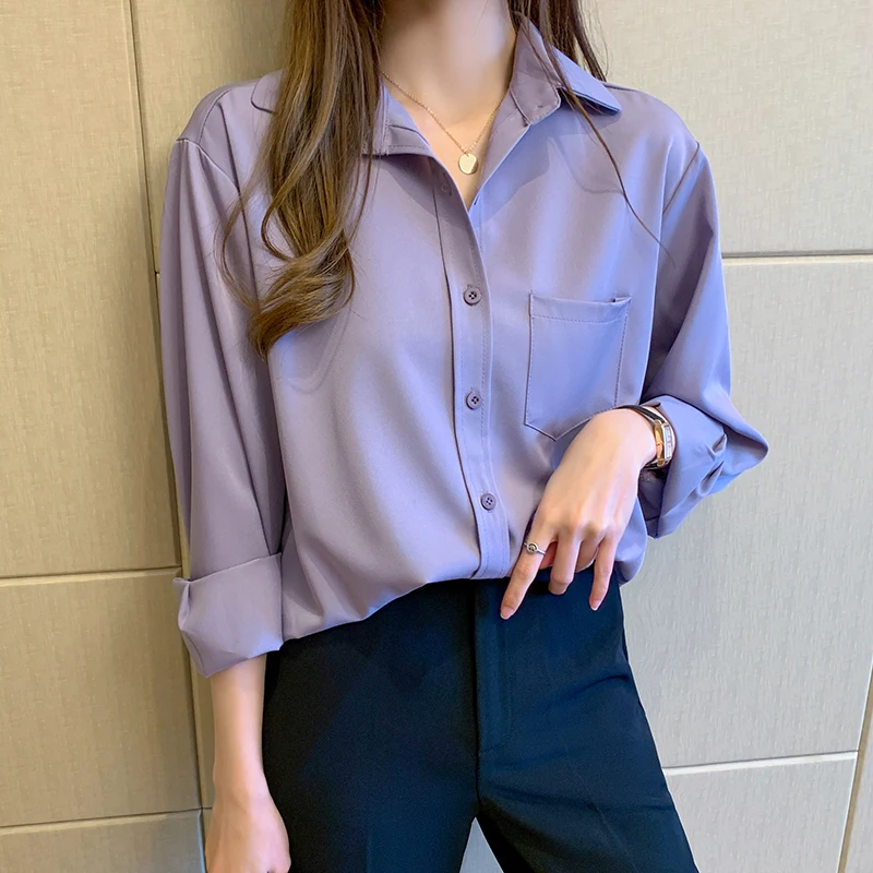 Autumn Chiffon Korean One Pocket Women's Blouse 2023 New Long Sleeve Single Breasted Lace Up Casual Office Shirts Tops Female