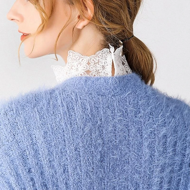 Women Turtleneck Decorative False Fake Collar Sheer Floral Lace Curved Hem Detachable Half Shirt Dickey Blouse Pullover