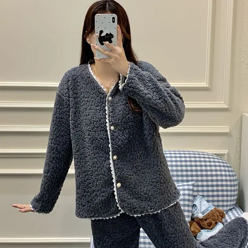 

Женский пижамный комплект из кораллового флиса, осенне-зимняя теплая домашняя одежда, одежда для сна на флисовой подкладке, которую можно носить в качестве верхней одежды, фланелевая ночная рубашка