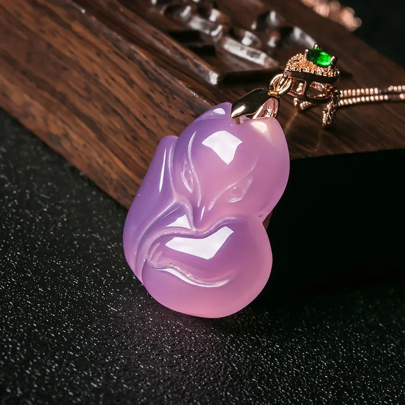 

Natural Purple Agate Fox Pendant Necklace Jewellery Fashion Accessories Hand-carved Man Woman Lucky Amulet Sweater Chain