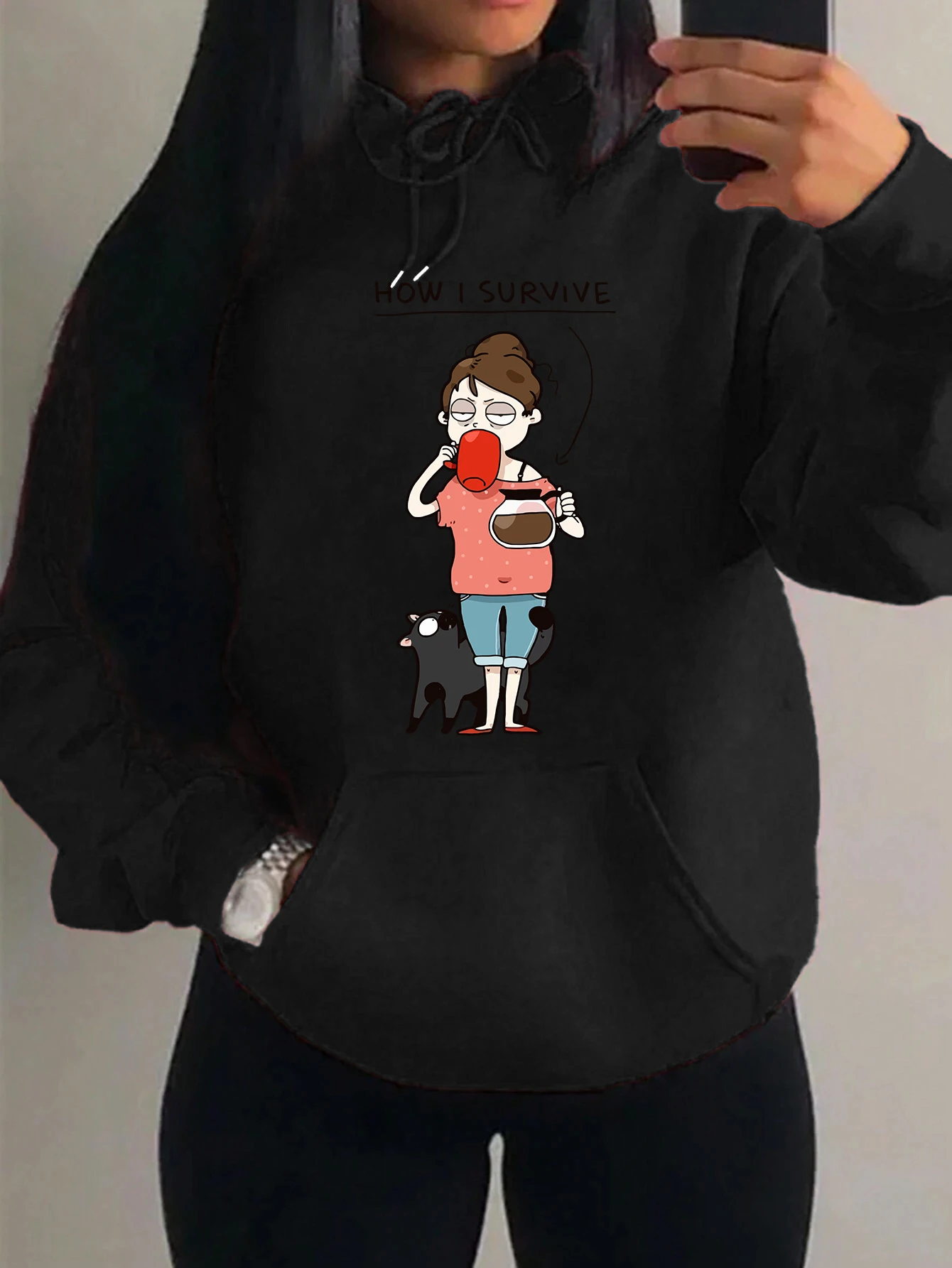 How I Survive Women Who Make Coffee Cartoon Cats Prints Women Hoodie Hip Hop Oversize Y2K Multicolor Hoodies Fleece Sportswear