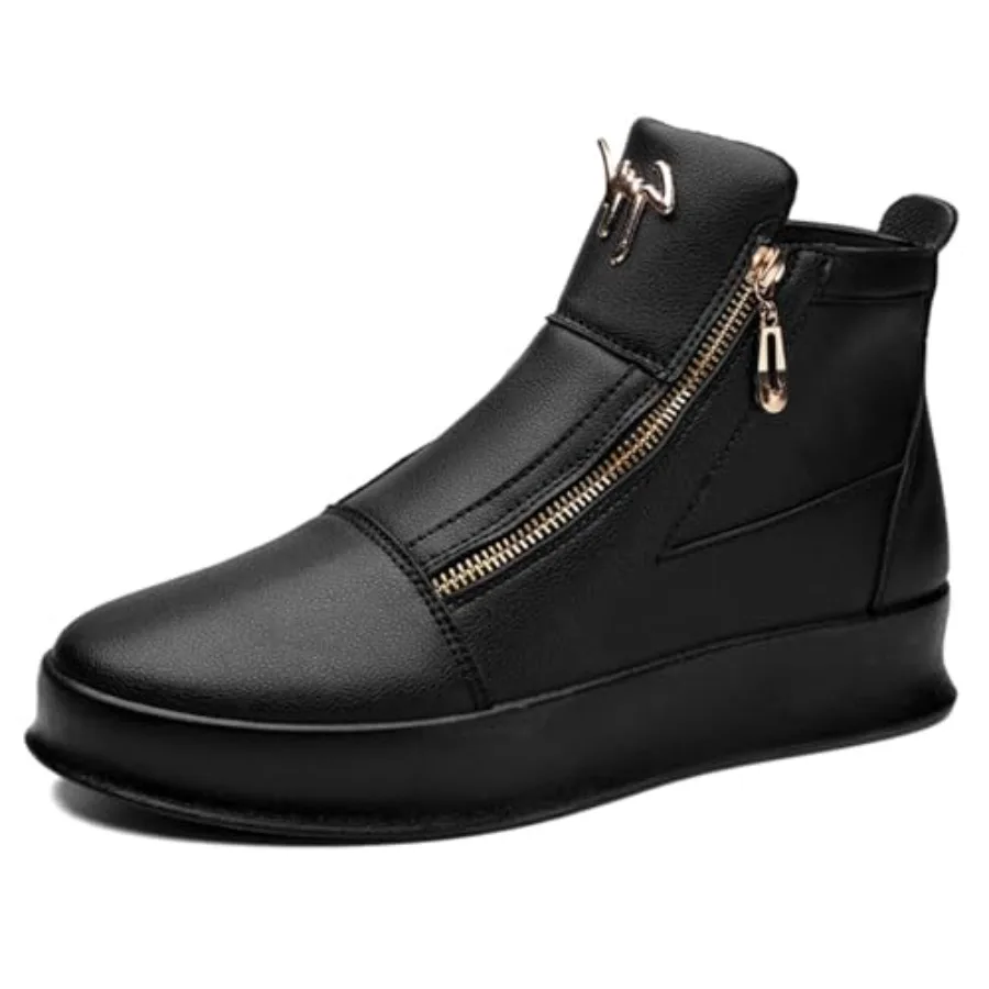 

Men's High-Top Leather Sneakers with Gold Dual Zippers Modern Street Wear Shoes for Casual Style and Everyday Comfort Cushioned