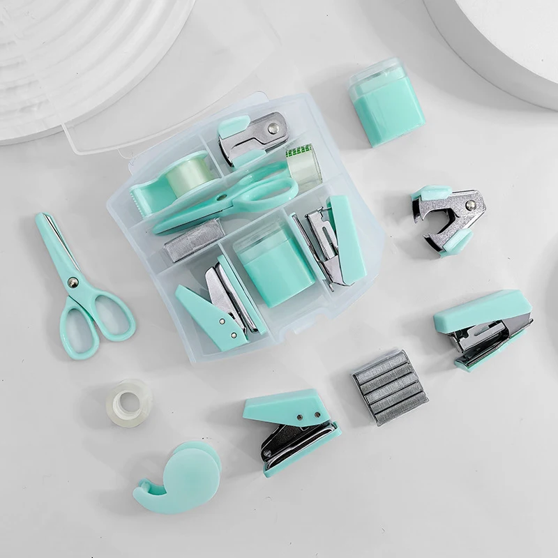 Mini Stapler Staple Punch Hole Tape Machine Set Ins Multifunction StationeryScrapbook Tool Box Office School Student Supplies