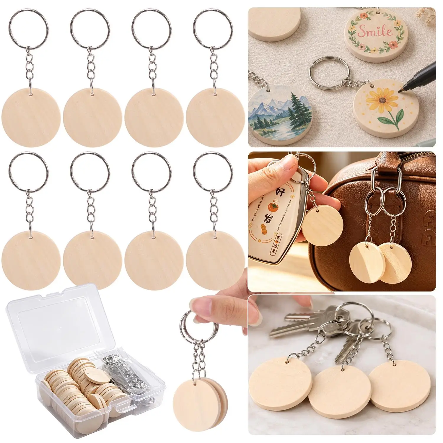 150Pcs/ Box Round Wooden Discs with Keychain Wood Tags with Hole Reminder Record Calendar Wood Chips DIY Crafts