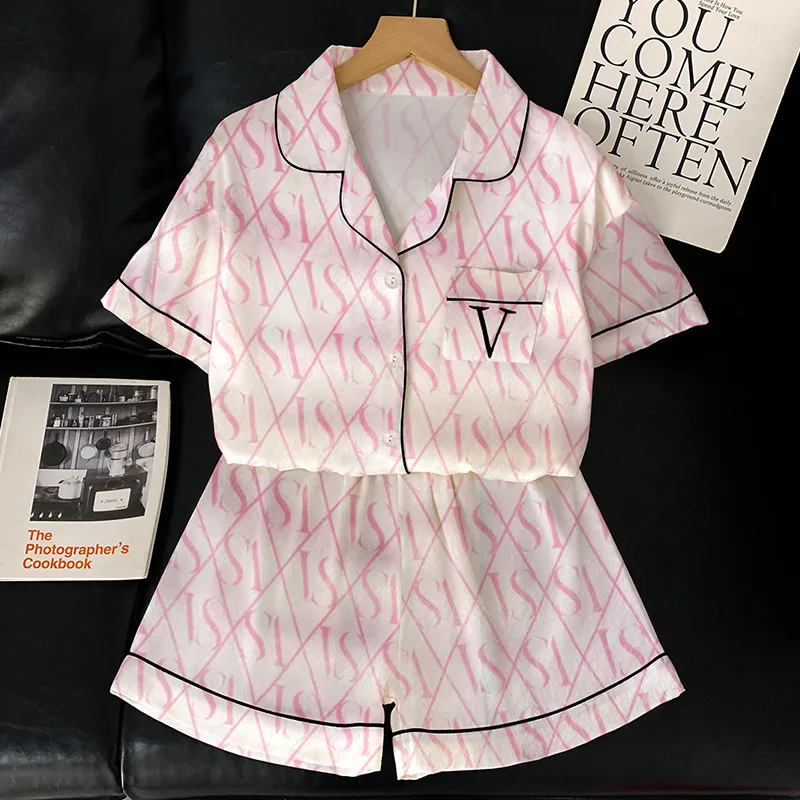 Summer New Women's Advanced Sense of Ice Silk Pajamas Homewear Set Girls Pajamas Temperament Short-Sleeved Pajamas Homewear Set