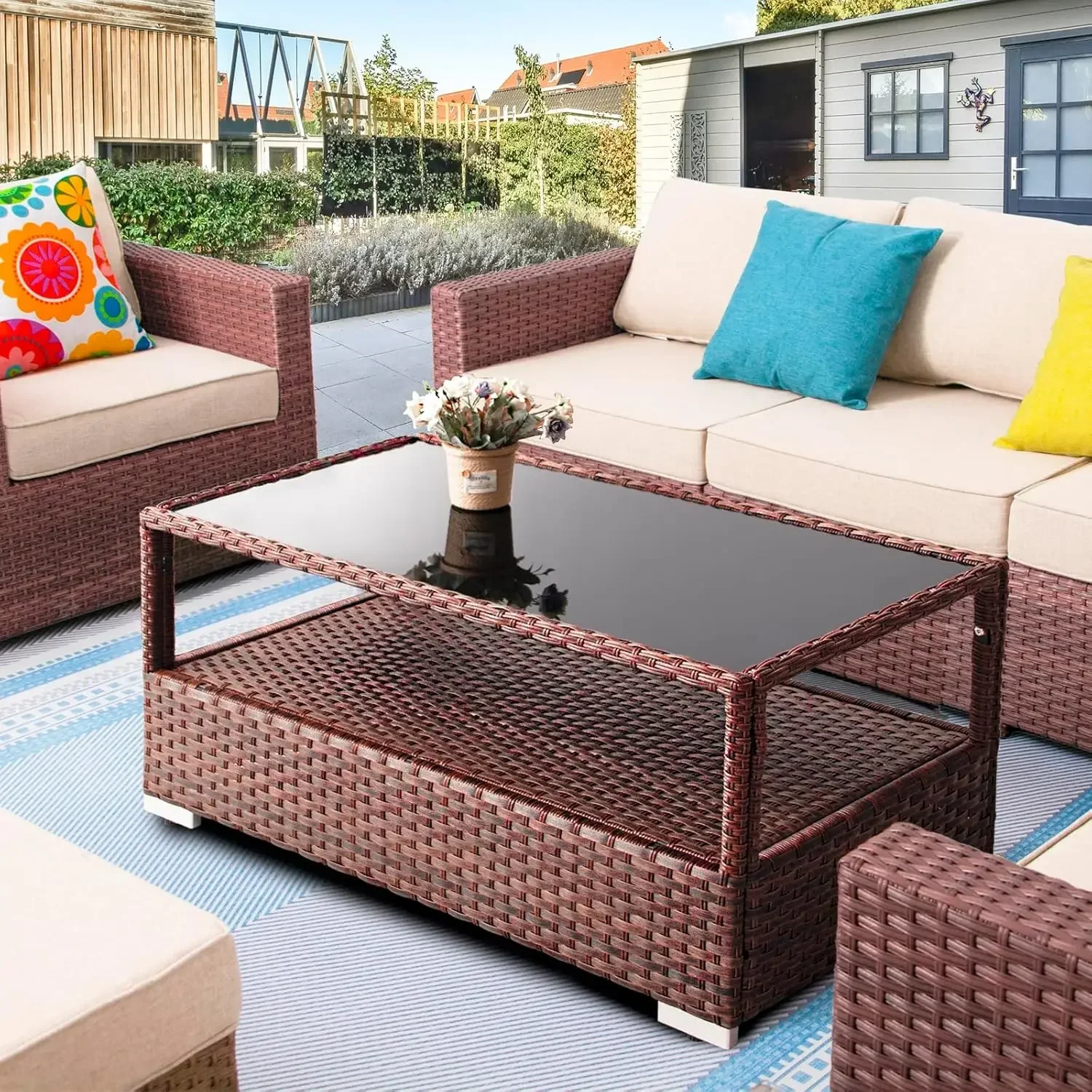 GARDEN Outdoor Coffee Table Wicker Patio Rattan Side Table with Glass Top and Storage Shelf,40in Mixed Brown