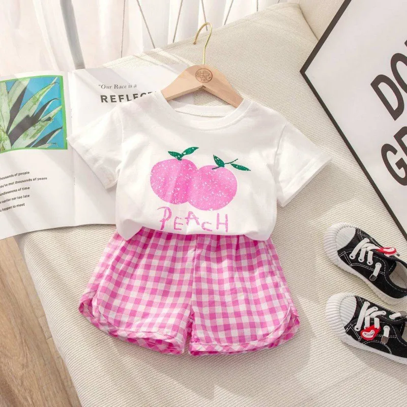 Sommer-Kleidungsset für Mädchen von 1-6 Jahren, süßes T-Shirt mit Fruchtprint aus Baumwolle + Shorts, 2-teilig, für Kinder, Freizeitoutfits, Kinderanzug