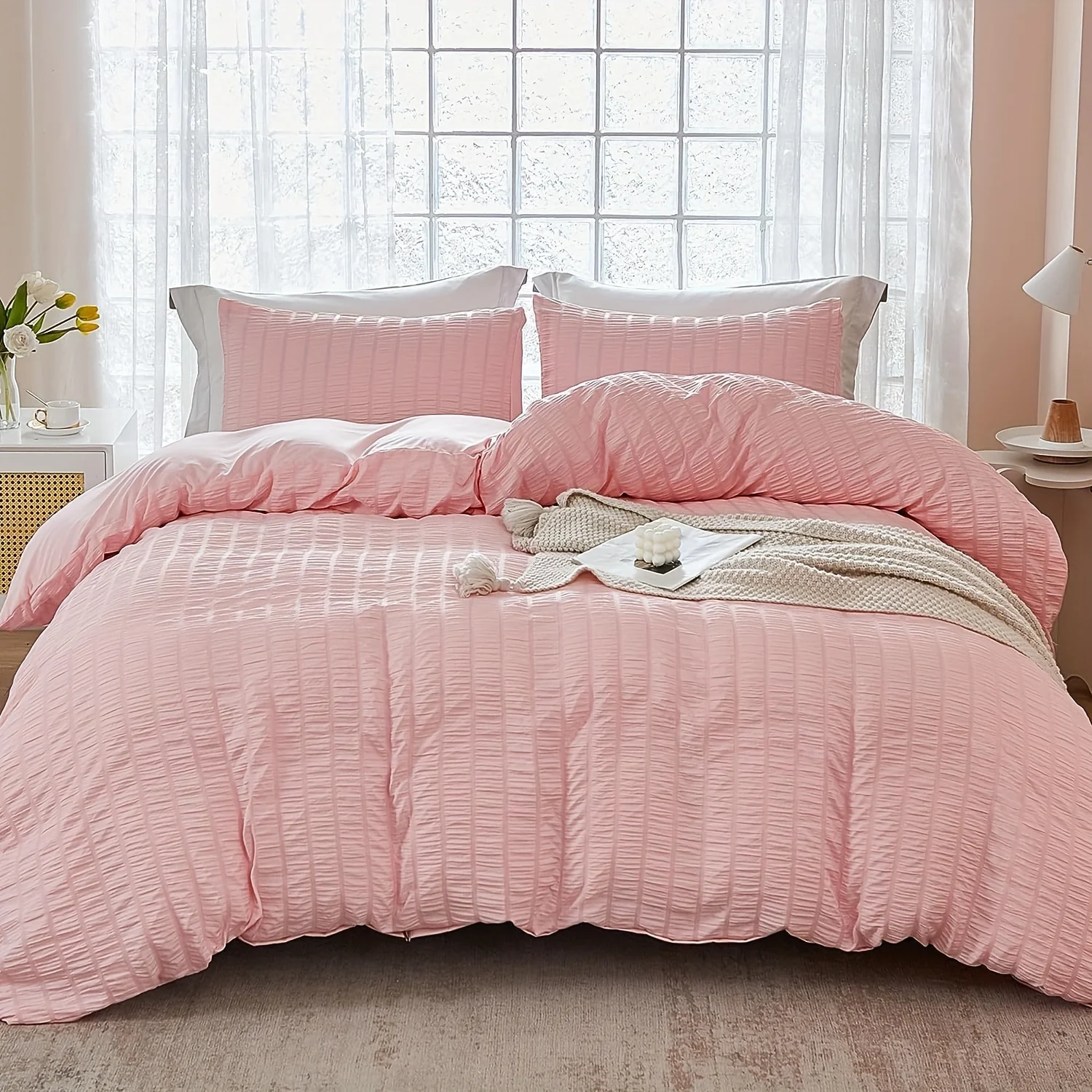 2/3pcs Modern Simple Duvet Cover Set, Solid Color Seersucker Washable Microfiber Bedding Set, Soft Comfortable Duvet Cover, For