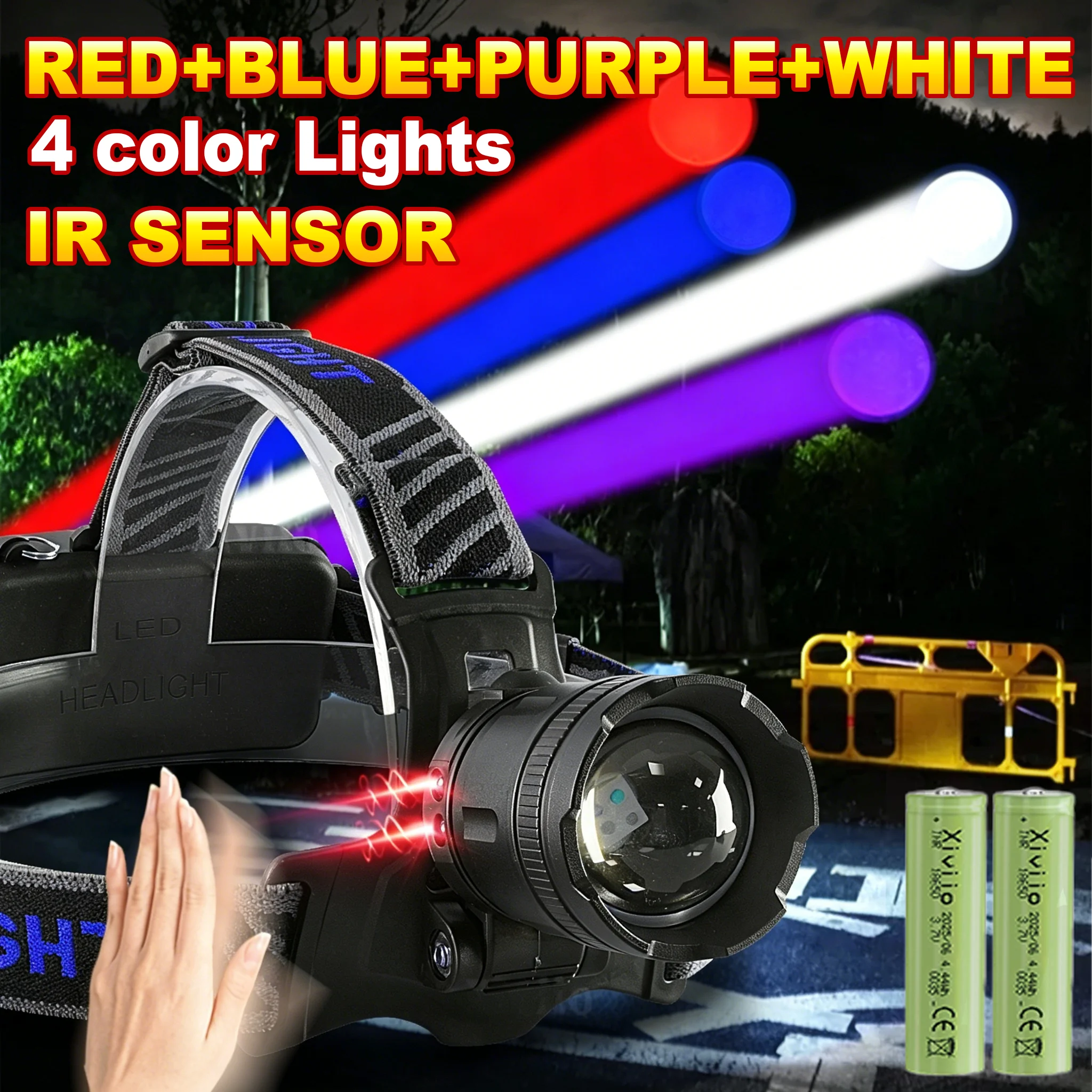 

Ultra Powerful LED Headlights IR Sensor 4 Modes Multicolor Lighting Rechargeable Head Torch Long Runtime Rescue Camping Fishing
