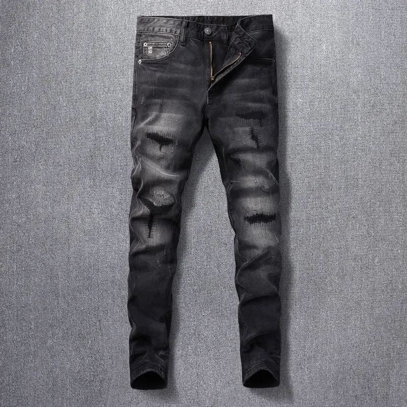 

High Street Fashion Men Jeans Retro Black Gray Stretch Slim Fit Ripped Jeans Men Embroidery Patched Designer Hip Hop Denim Pants