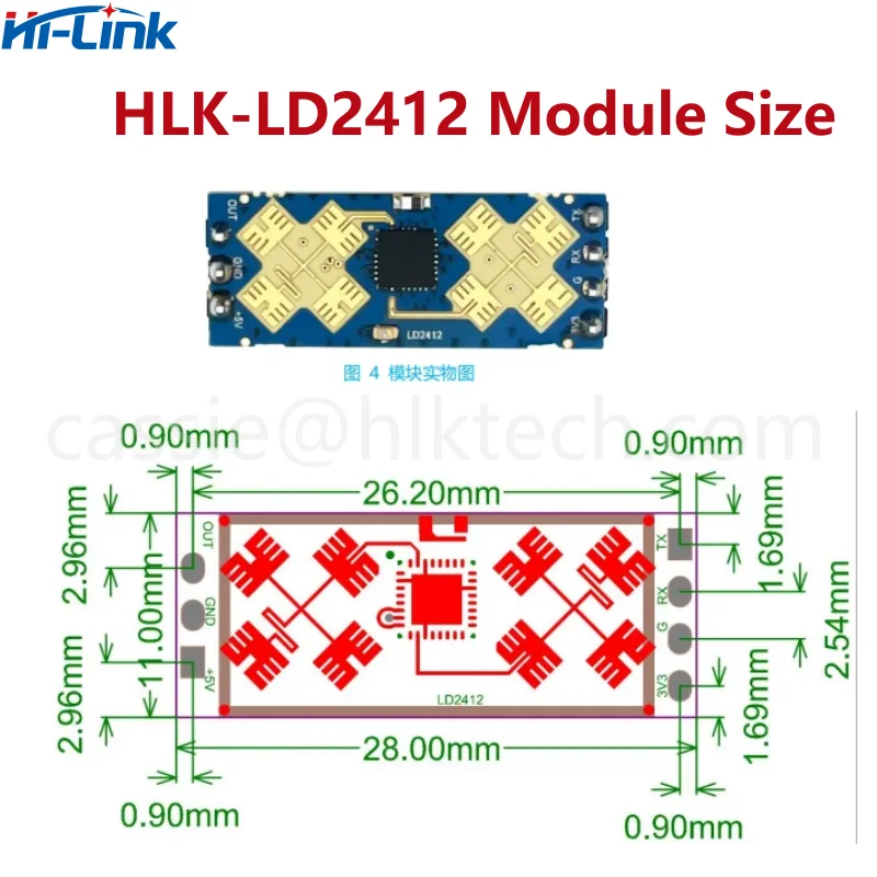 Módulo Sensor de Presença Humana Hi-Link, Tamanho Pequeno, Distância de Detecção, Suporte UART GPIO FMCW, 24GHz, 90mA, 9 Metros, Novo