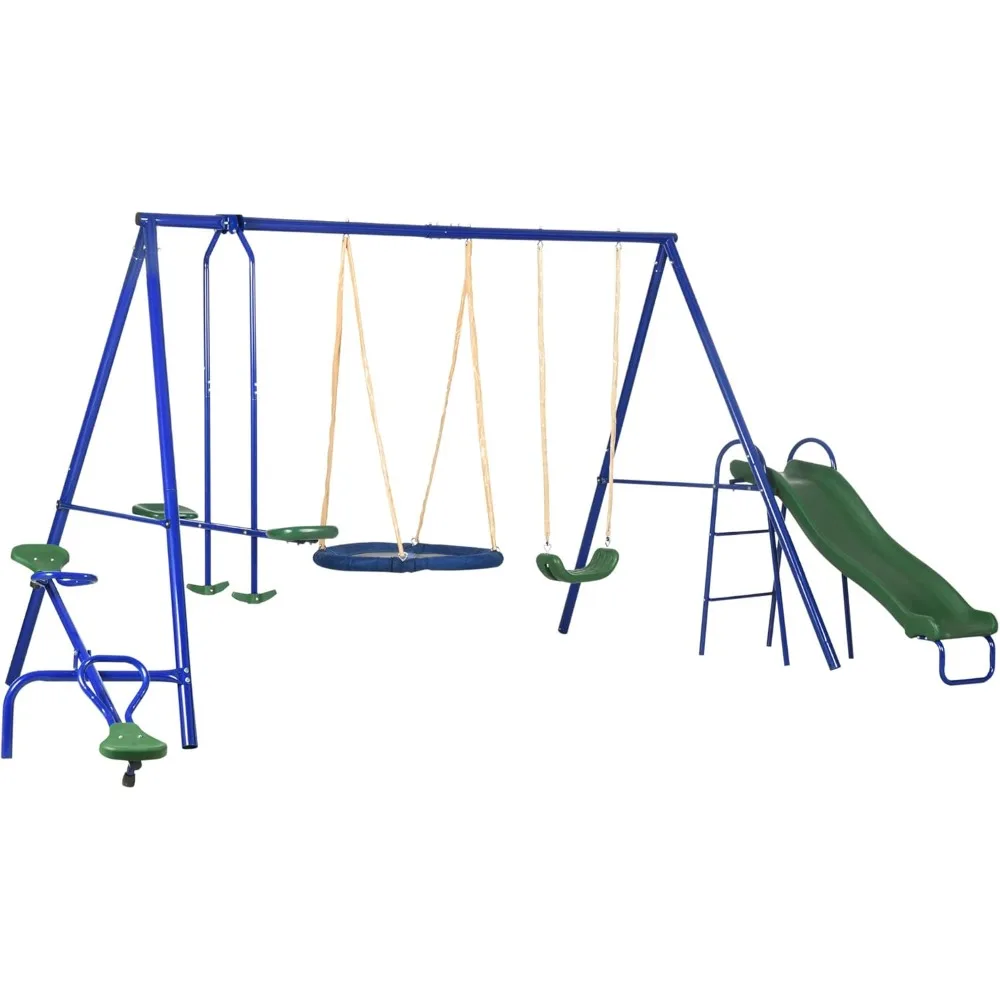 

Outsunny 5-in-1 Kids Swing Set Backyard Playground Set with Saucer Swing, Outdoor Slide, Seesaw, Metal Swing Set Outdoor