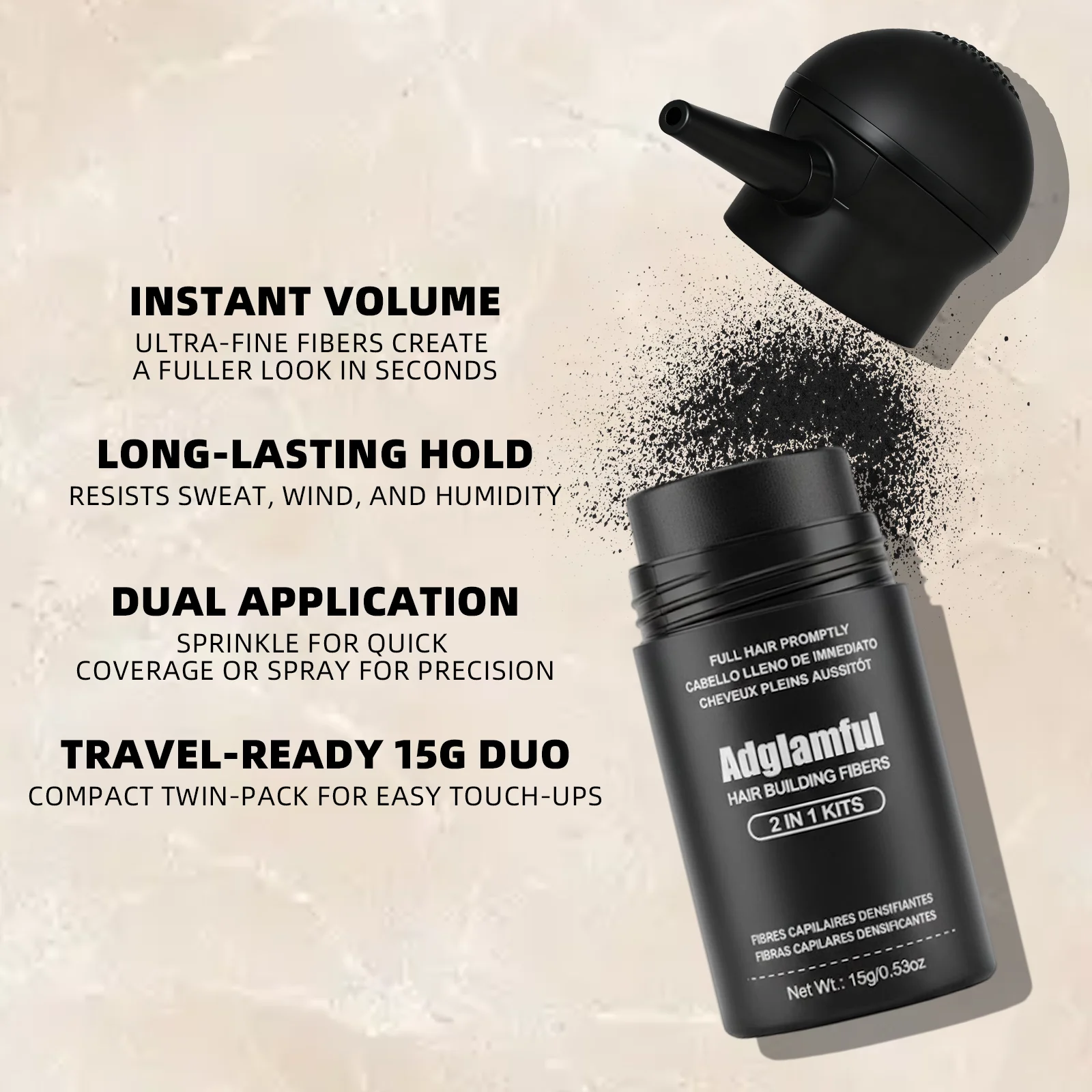 Adglamful Hair Fiber Kit: 2 Fiber Powders + Spray Bottle for Instant Thickening & Volume – Quick 30 Sec Styling