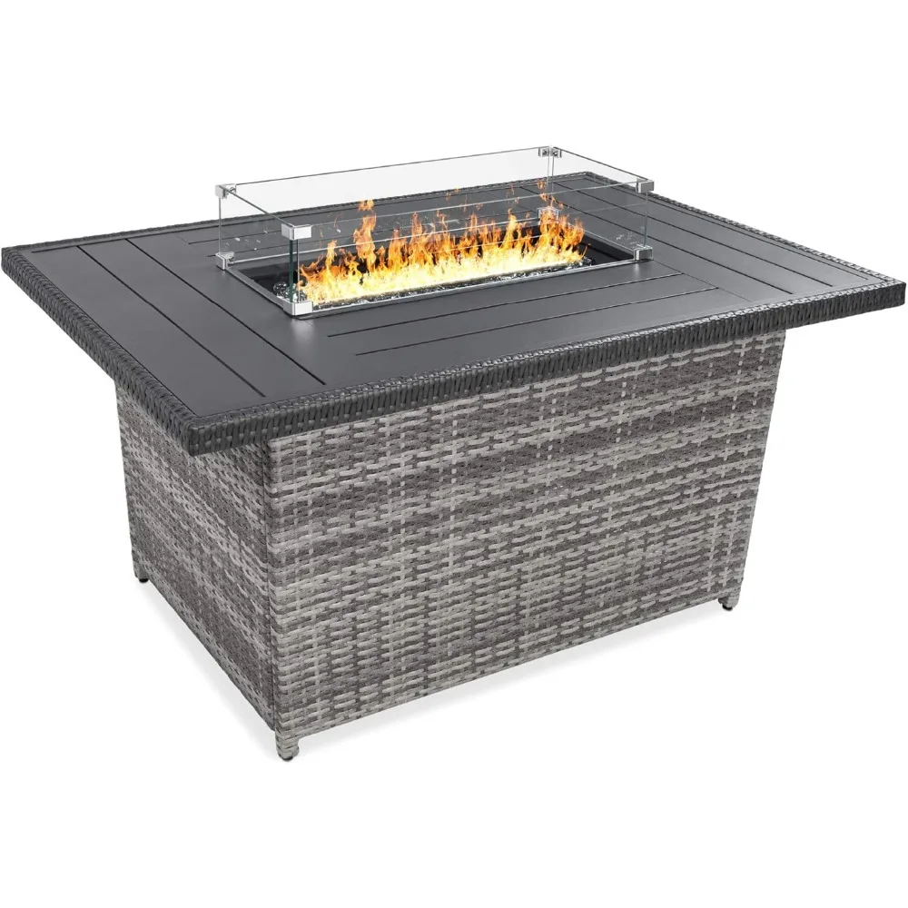 

52in 50,000 BTU Outdoor Wicker Patio Propane Gas Fire Pit Table W/Aluminum Tabletop, Glass Wind Guard, Clear Glass Rocks, Cover