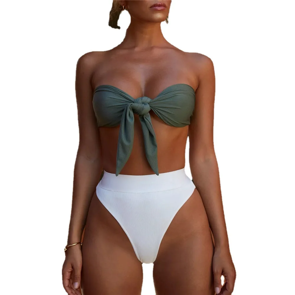 Bikini anudado de cintura alta para mujer, traje de baño de Color sólido con almohadilla en el pecho, traje de baño dividido, top de bikini