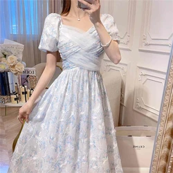 2024 Summer Bohemian Women Floral Print Pleated Midi Dress Elegant Lace Puff Sleeve High Waist A-Line Draped Beach Vestidos New
