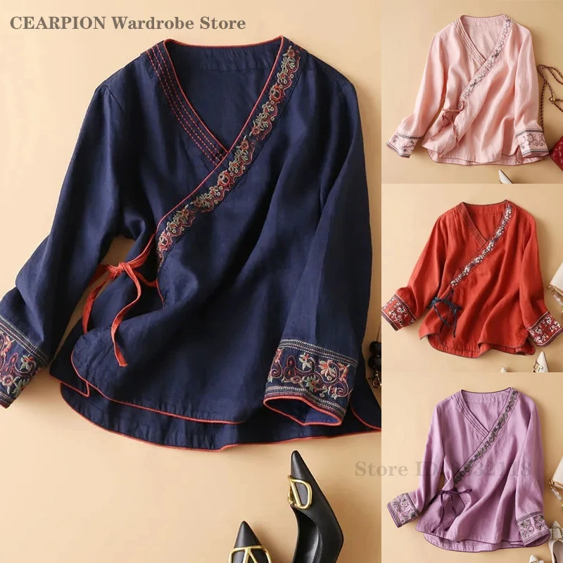 

Рубашки в этническом стиле, женские хлопковые льняные топы в литературном стиле, винтажные свободные ханьфу, древний китайский чай, одежда в стиле дзен, костюм Тан