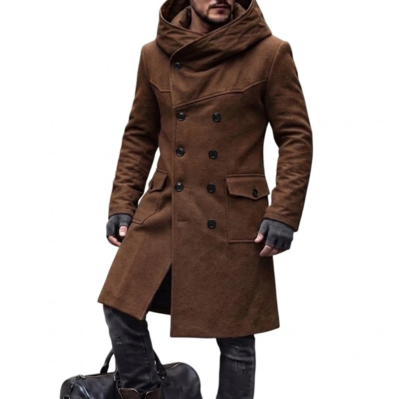 2026 Fall Hooded Maxi Coats Mens Fashionable Solid Color Double-breasted Long Sleeve Outerwear Men Vintage Warm Woolen Coats