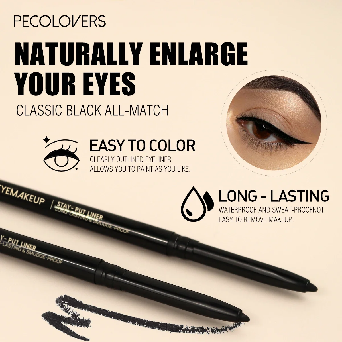 Schweißfester, wischfester, schwarzer, mattierter Eyeliner-Gelstift, wasserfest, langlebig, schnell trocknend, natürlicher Eyeliner, Gelstift, Make-up