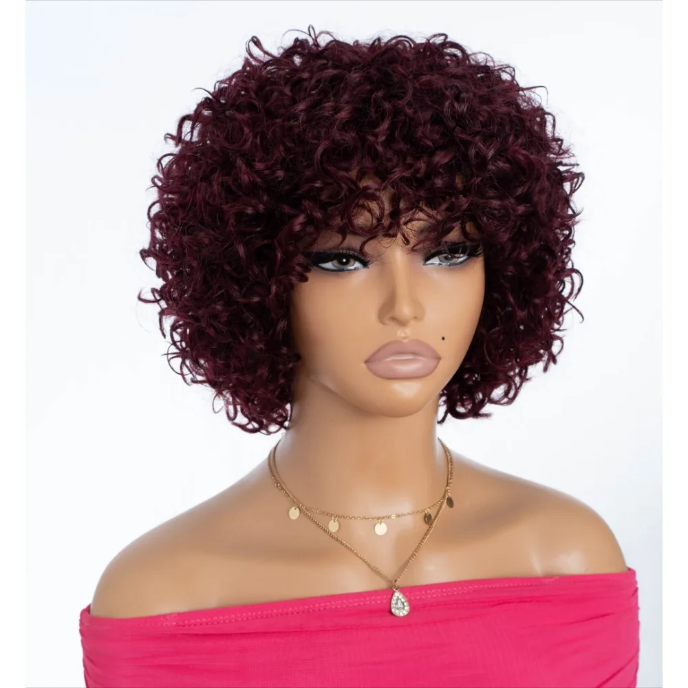 

99J Burg Fluffy Pixie Cut Short Curly Human Hair Wigs with Bangs Perruque Cheveux Humain Short Human Hair Wigs for Black Women