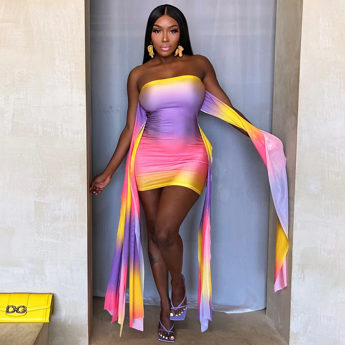 

Sexy Tie Dye Mini Dress Evening Club Wear Dresses 2025 Women Fall Winter Clothes Luxury Bodycon Party Tube Bandage Dress