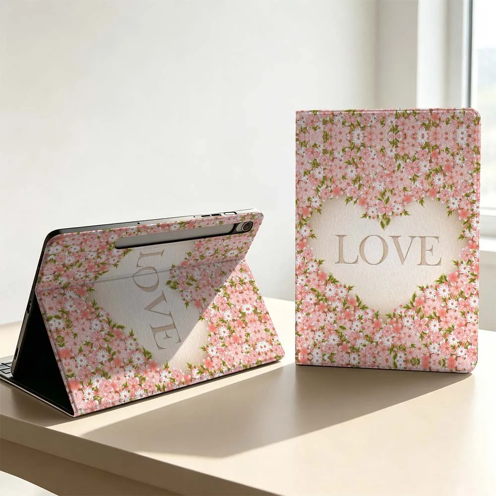 Capa de Tablet Macia com Bandeja para Caneta e Design de Coração Floral para Samsung Galaxy Tab S11 S10 S9 S8 S7 S6 A9 A8 A11 Lite FE Plus