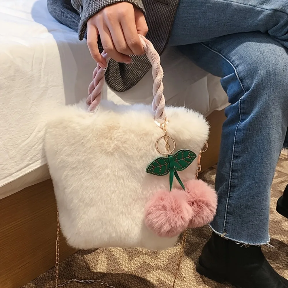 

Faux Fur Crossbody Bags for Women Plush Small Purses and Handbag with Pompom Cherry Fluffy String Shoulder Bag Girl Clutch Purse