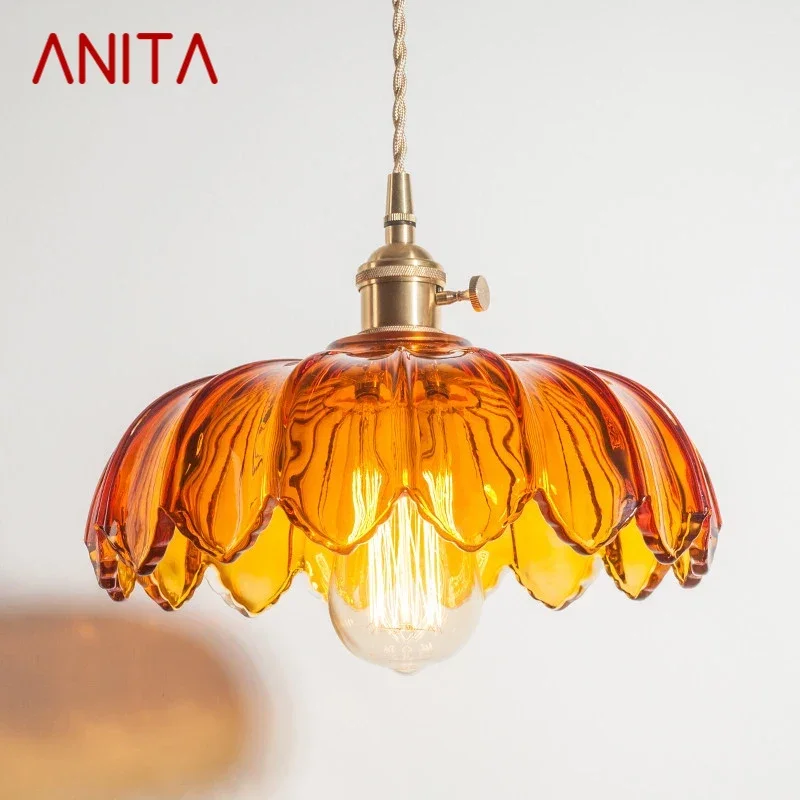 

ANITA ANITA Nordic Brass Pendent lamp Modern Bedroom Bedside lamp Color Glass LED Restaurant Bar Aisle Chandelier