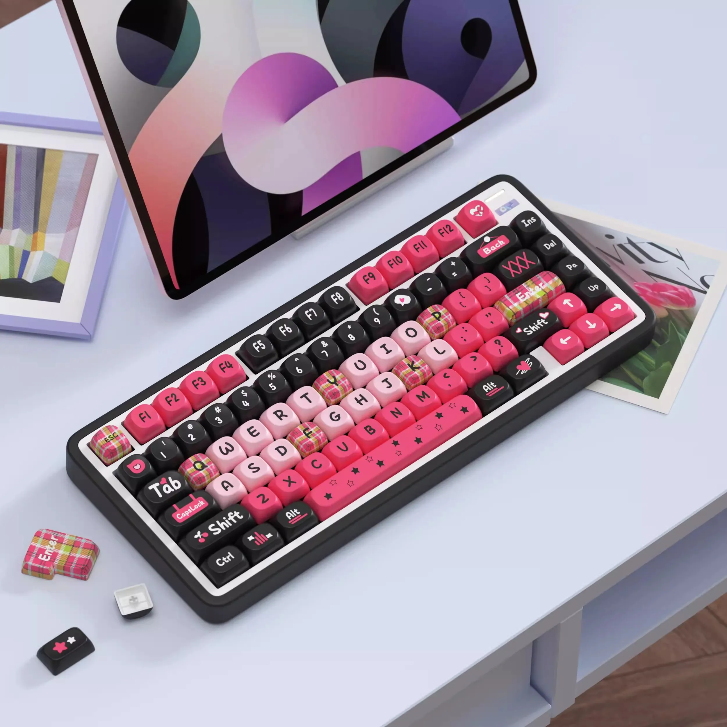 1 Set Black Pink Plaid Keycaps PBT 5 Sides Dye Sublimation Key Caps SOA Profile Keycap For 61 64 68 75 84 87 96 980 Keyboards