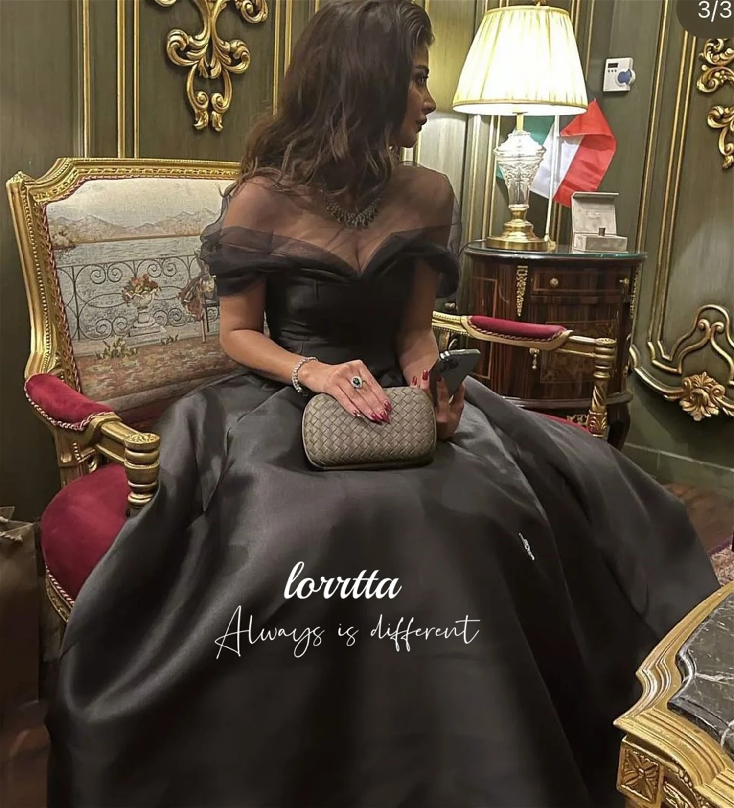 Lorrtta Black Evening Dress Line A Mesh Decoration Eid Satin Ball Gowns Elegant Party Dresses 2024 Customized Prom Gown Gala