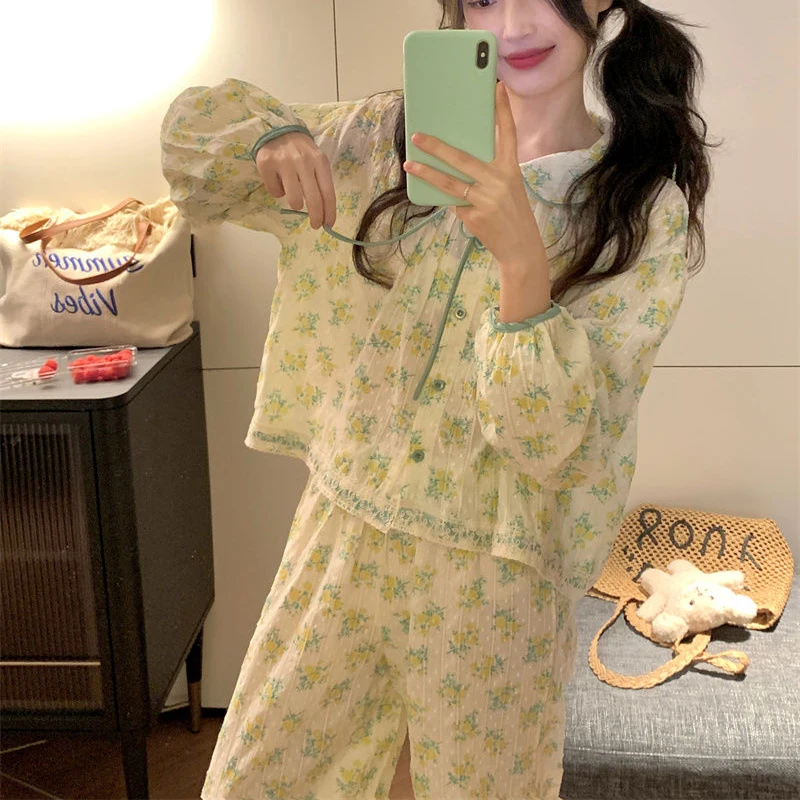 Flroal Sleepwear Women Pajama Sets Aututmn Piiama Ruffles Pants Sets 2 Pieces Korean Cute Night Wears Pocket Sleeping Home Suit