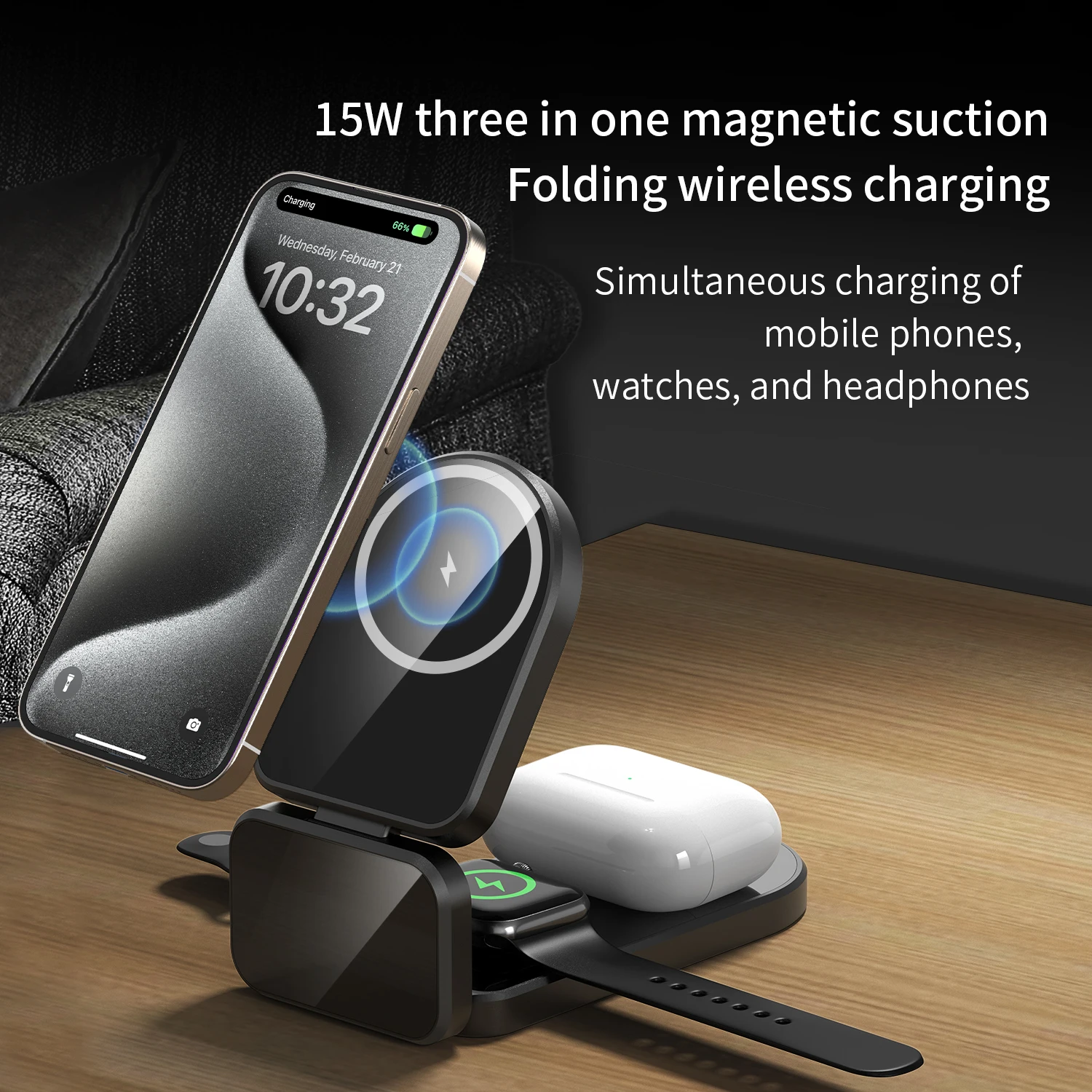 

Multifunctional Phone Holder 15W Foldable 3 In1 Magnetic Wireless Charger Stand Desktop Fast Charging Station With Lamp