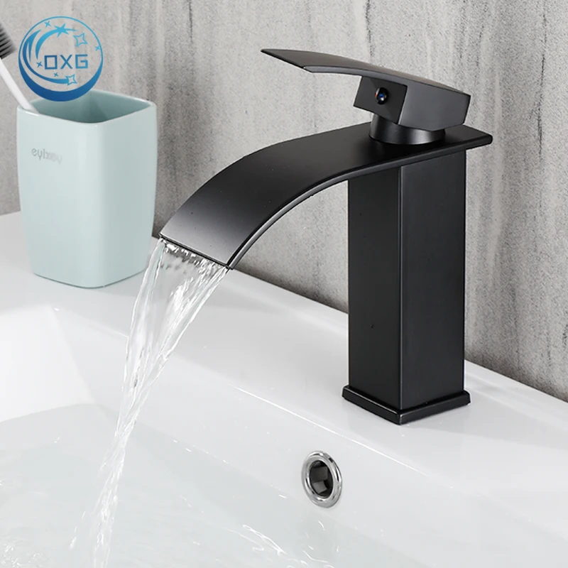 

OXG Black/Chrome Waterfall Bathroom Basin Faucet Set Cold Hot Mixer Crane Sink Tap,Basin Sink Faucets,Deck Mout,Short/High