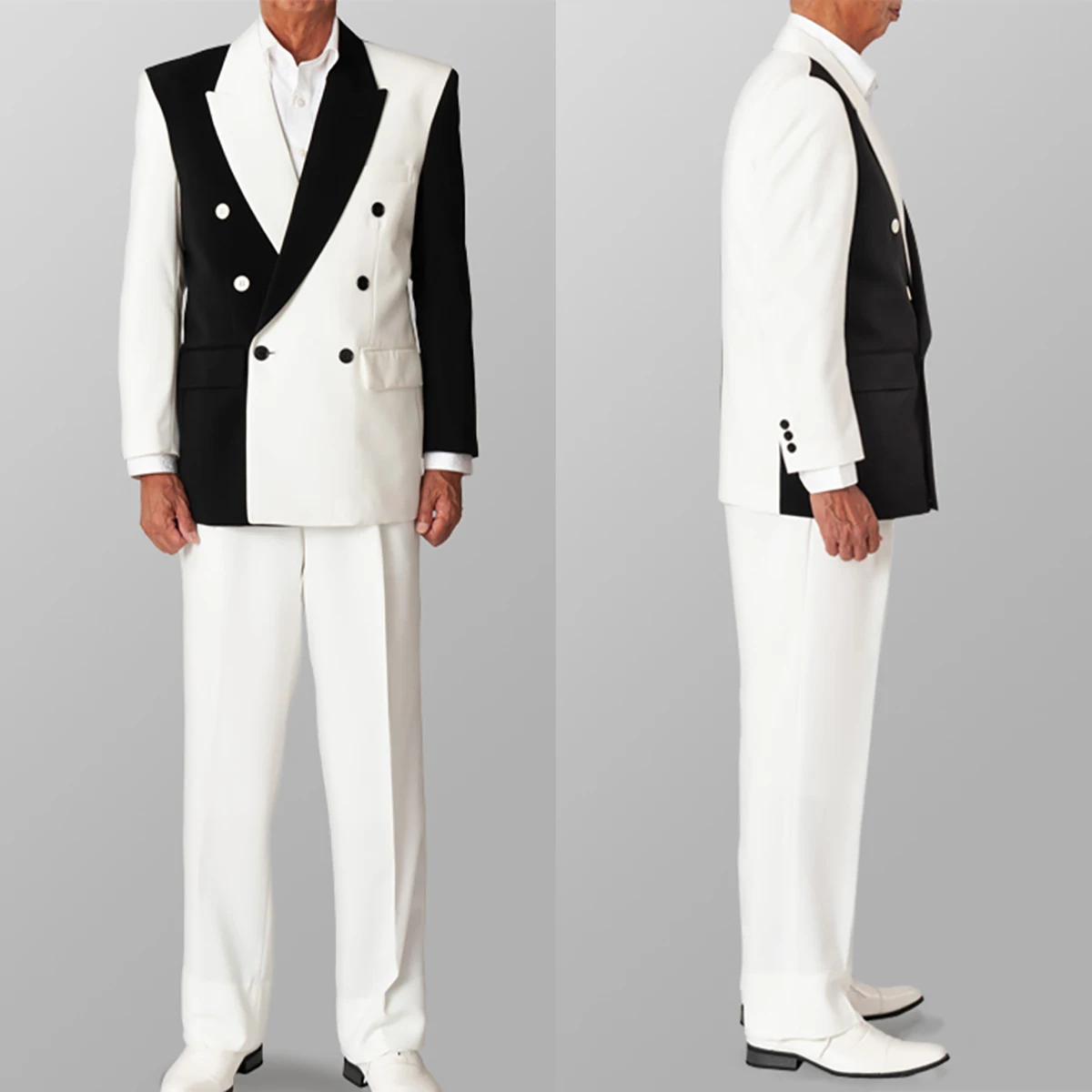 Black White Men Pants Suits Set 2 Pieces Color Matching Slim Fit Peaked Lapel Outfits Wedding Tuxedos Blazer Wear