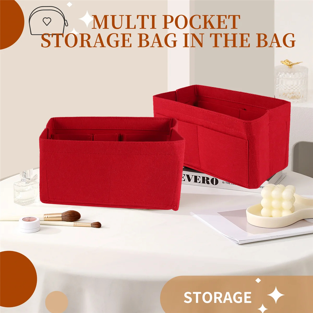 ABQR الأحمر حقيبة التخزين المنزلية محفظة المنظم ورأى إدراج حقيبة ماكياج المنظم الداخلية محفظة المحمولة حقائب مستحضرات التجميل تخزين حمل