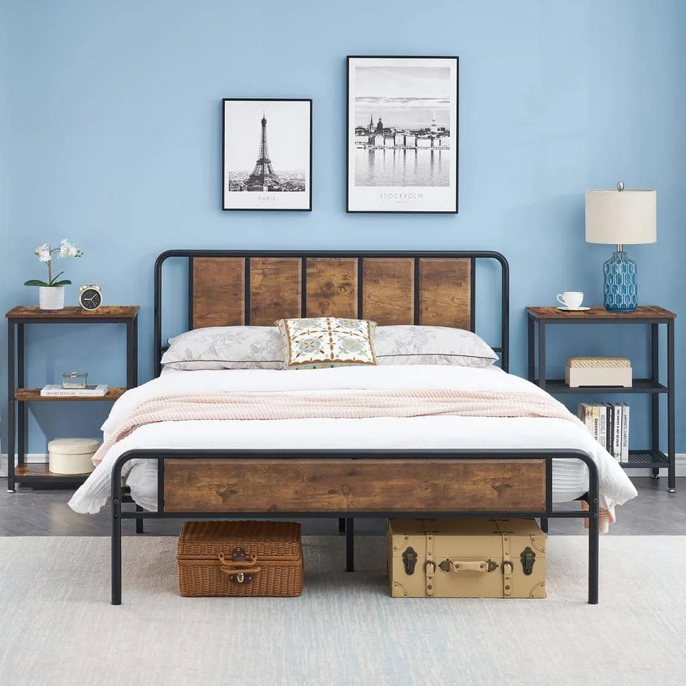 طاولة جانبية بنية من 3 طبقات، أرفف كتب مفتوحة ثابتة مع إطارات معدنية، طاولة نهاية مستطيلة، 13.8 بوصة عرض × 21.6 بوصة عمق × 30 بوصة ارتفاع، مجموعة من 2 #4