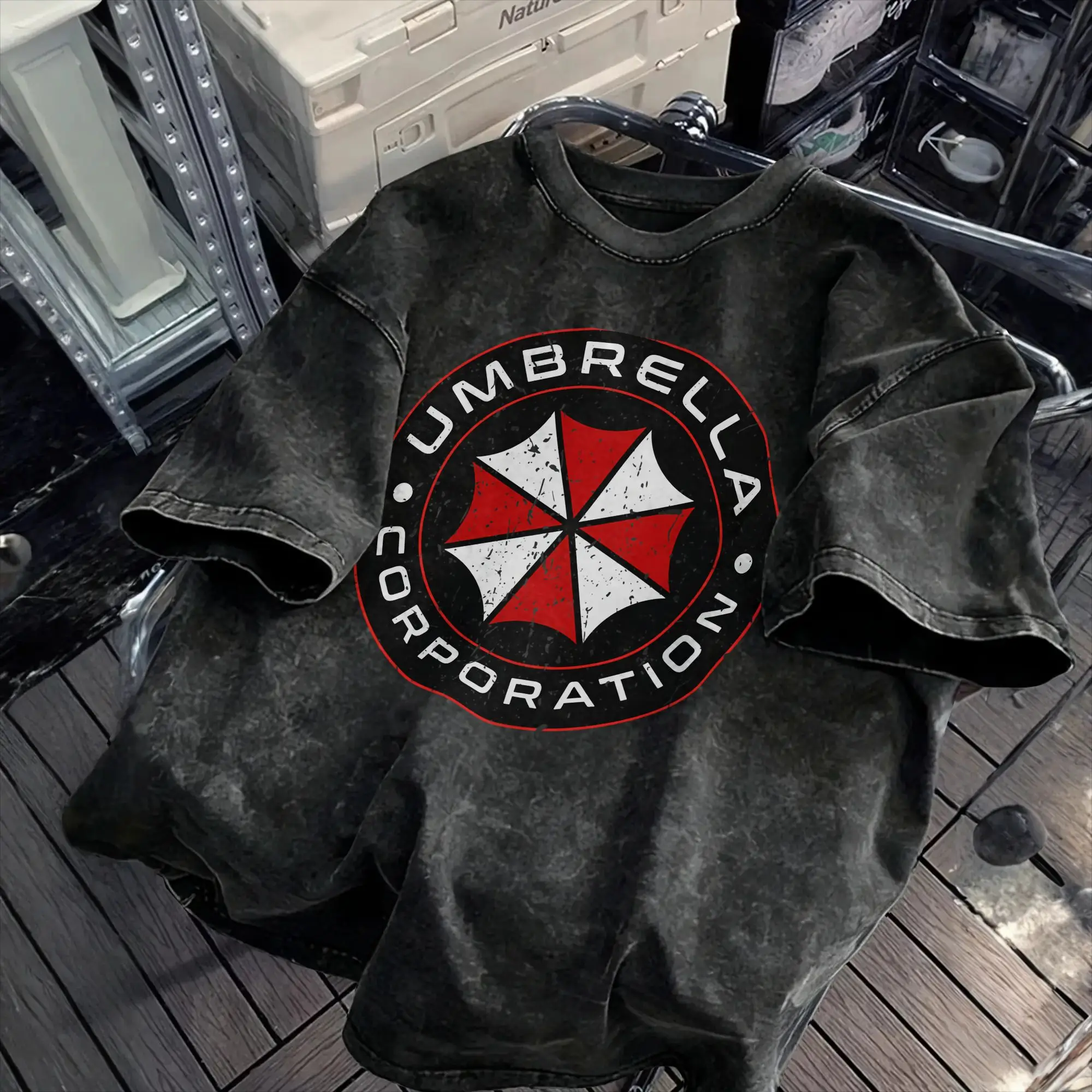Men's T Shirt Umbrella Corporation Washed T Shirts Harajuku  Beach Tee Shirt Y2K Basic Design Casual Tops Plus Size