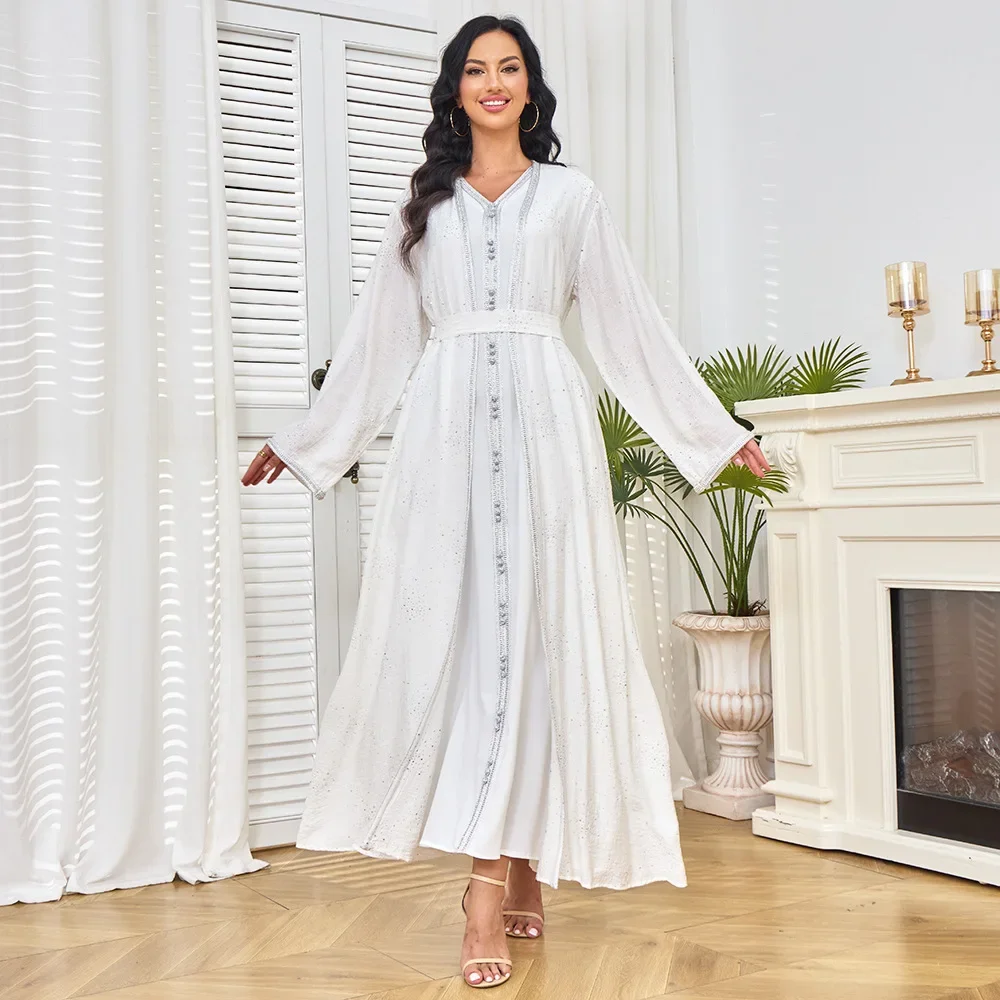 UNI Ramadan Muslim Elegant Dress Hot Diamond 2 Piece Set Women Open Abayas Dubai Middle East Islam Cardigan Robe Djellaba Kaftan