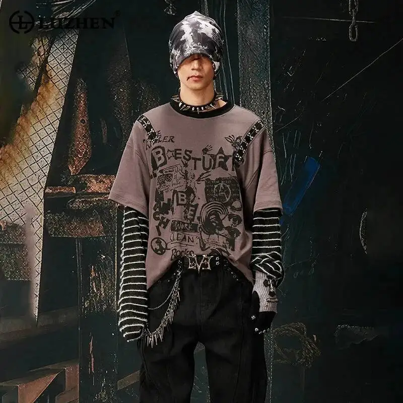 LUZHEN 2026 New Original Fake Two Piece Design Streetwear Men's Women's Handsome Stripe Printed Splicing Round Neck Tops JY6763