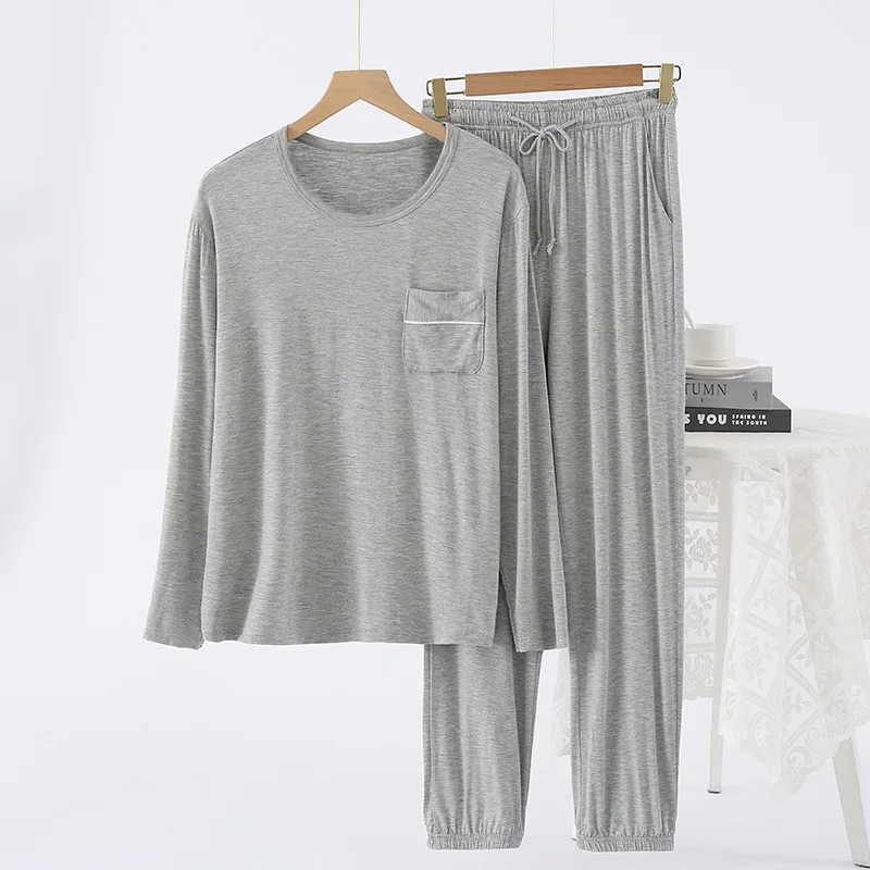 L-4XL Men Casual Pajamas Set Round Neck Home Clothes Long Sleeved Trousers Suit Spring Autumn Male Sleepwear Loungewear Pijama